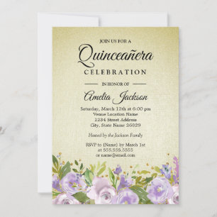 Convite Quinceanera Floral Roxo Dourado Brilhante