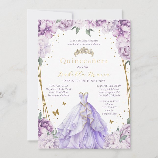 Convite Quinceañera Floral Roxo em Espanhol (Frente)