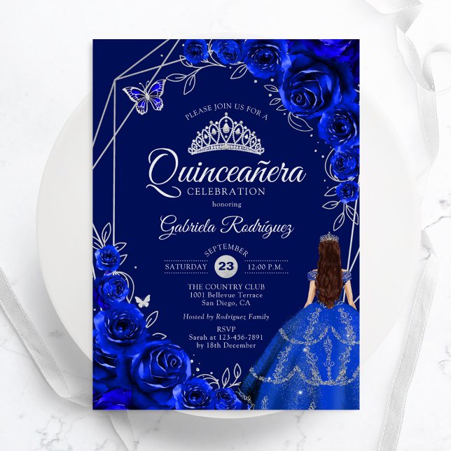 Convite Quinceanera Floral Royal Blue Silver Dress (Criador carregado)