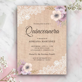 Convite Quinceanera Floral Russo Burlap Lace Rosa