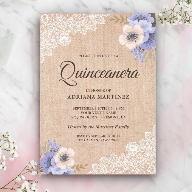 Convite Quinceanera Floral Rústica Burlap Lace Roxo (Criador carregado)