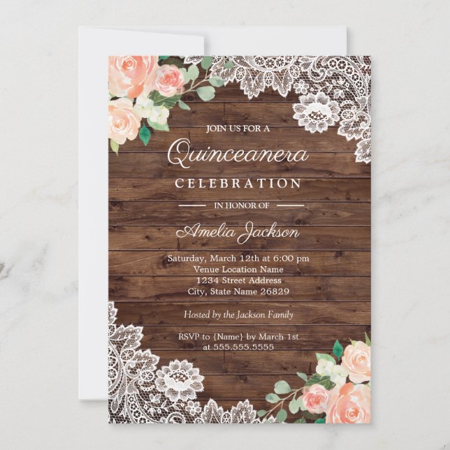 Convite Quinceanera Floral Rústico de Madeira com  (Frente)
