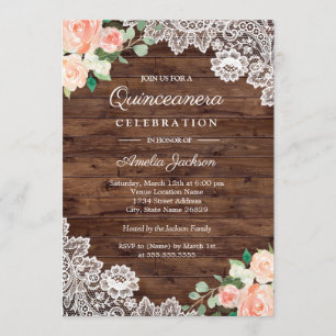 Convite Quinceanera Floral Rústico de Madeira com