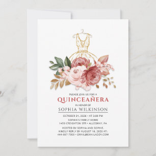 Convite Quinceanera Floral Rústico Vestido Dourado Falso 1