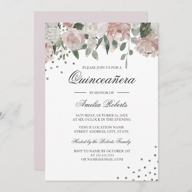 Convite Quinceanera Floral Silver Watercolor (Frente/Verso)