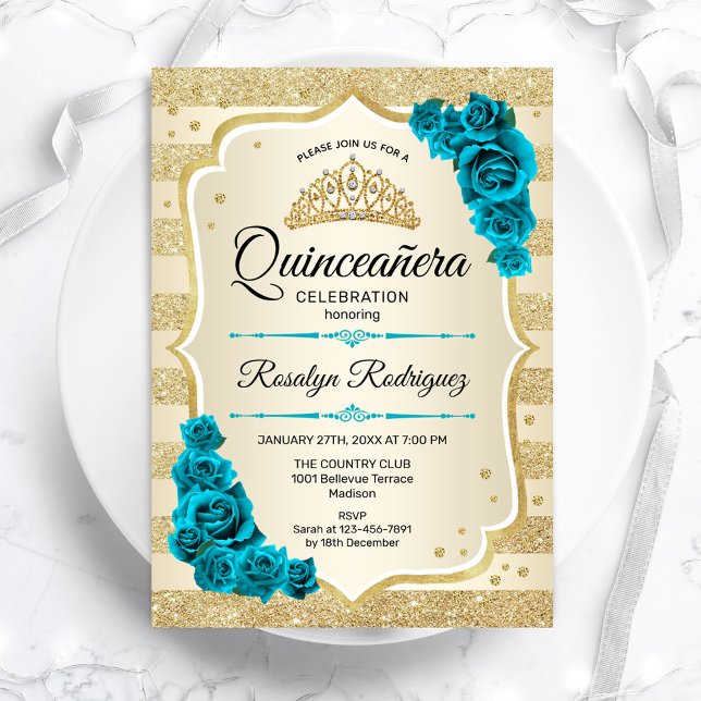 Convite Quinceanera Floral Teal Dourada (Criador carregado)