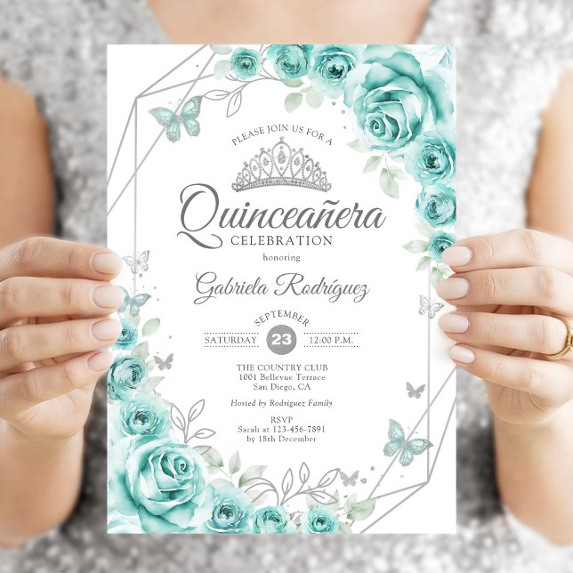 Convite Quinceanera Floral Turquesa Prata (Criador carregado)