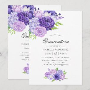 Convite Quinceañera Floral Ultra Violeta Aquarela