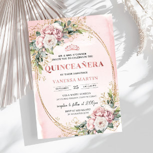 Convite Quinceañera Floral Verde Atemporal Rosa Desbotada