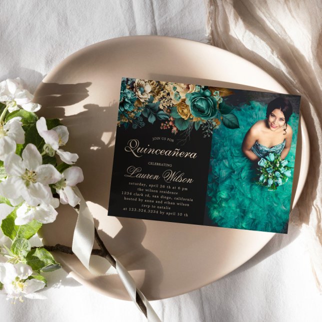 Convite Quinceanera Floral Verde Dourada com Aquarela (Criador carregado)