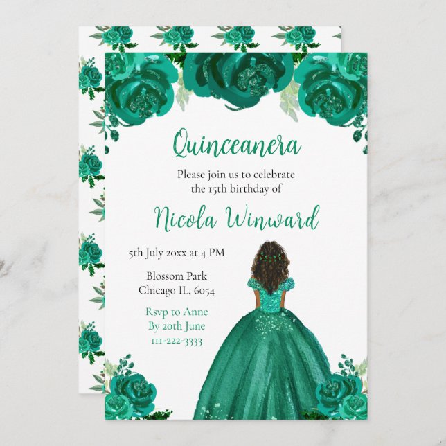 Convite Quinceanera Floral Verde Princesa da Pele Escura (Frente/Verso)