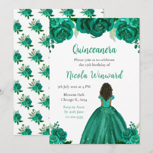 Convite Quinceanera Floral Verde Princesa da Pele Escura