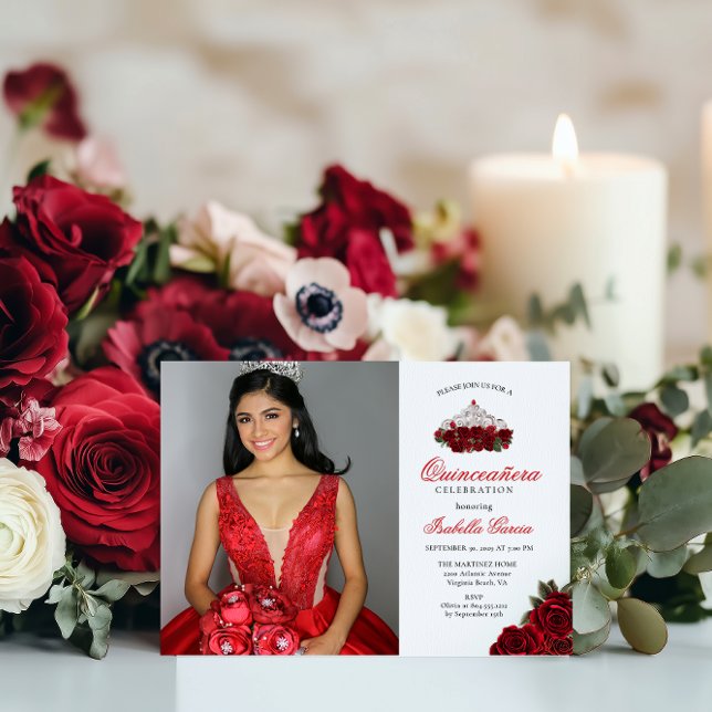 Convite Quinceanera Floral Vermelha Duas Fotografias (Criador carregado)