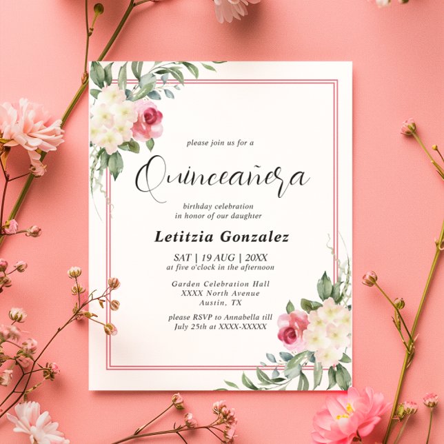 Convite Quinceañera Floral Vermelha e Branca (Criador carregado)