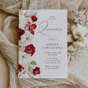 Convite Quinceanera Floral Vermelha e Branca