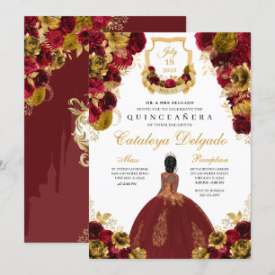 Convite Quinceañera Floral Vermelha e Dourada