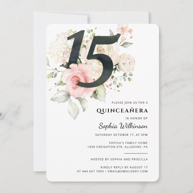 Convite Quinceanera Floral Watercolor Festa de aniversário (Frente)
