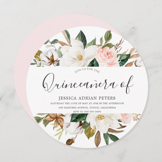 Convite Quinceanera, Flores Brancas e Bonitas (Frente/Verso)