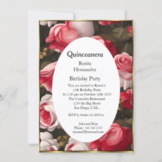 Convite Quinceanera flores brancas vermelhas rosas Anivers