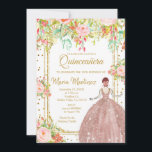 Convite  Quinceanera, Flores Rosa e Luminetas Douradas<br><div class="desc">Flores Rosa e Glitters Dourados Quinceanera Birthday InvitationMis Quince Anos,  15 Birthday</div>