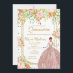 Convite  Quinceanera, Flores Rosa e Luminetas Douradas<br><div class="desc">Flores Rosa e Glitters Dourados Quinceanera Birthday InvitationMis Quince Anos,  15 Birthday</div>
