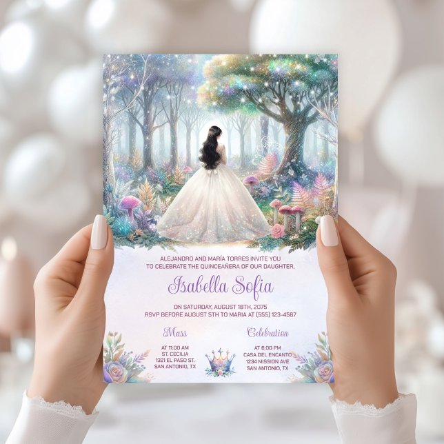 Convite Quinceañera, Floresta Encantada de Pastel Elegante (Beautiful enchanted forest Quinceanera invitation - simply add your event details.)