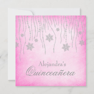 Convite Quinceanera Florido Inverno Rosa Quente Flocos de 