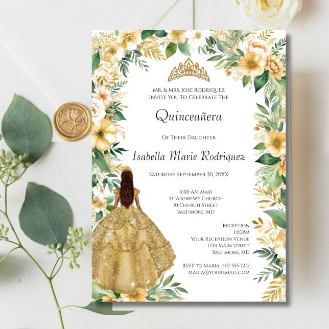 Convite Quinceanera Formal Elegante Floral Dourada (Gold Dress, Gold Florals with Greenery Quinceanera Invitation)