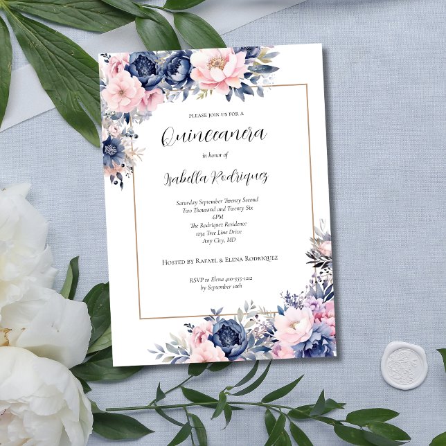 Convite Quinceanera Formal Rosa-Rosa-Elegante Marinho (Elegant Navy Blue and Pink Floral Quinceanera Invitation)