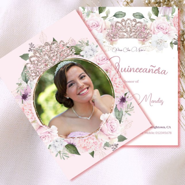 Convite Quinceanera Foto Blush Pink Watercolor Floral (Criador carregado)