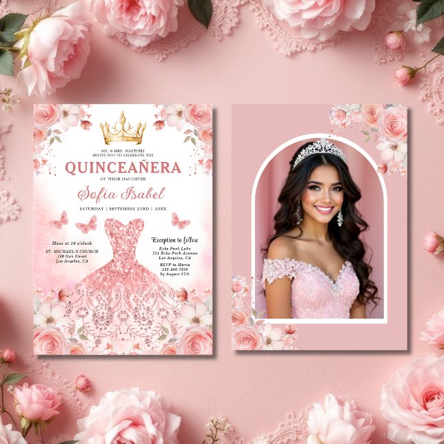 Convite Quinceañera Foto Blush Rosa Rosa Rosa Rosa Floral (Criador carregado)