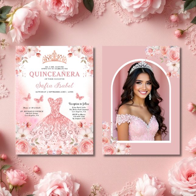 Convite Quinceañera Foto Blush Rosa Rosa Rosa Rosa Floral (Criador carregado)