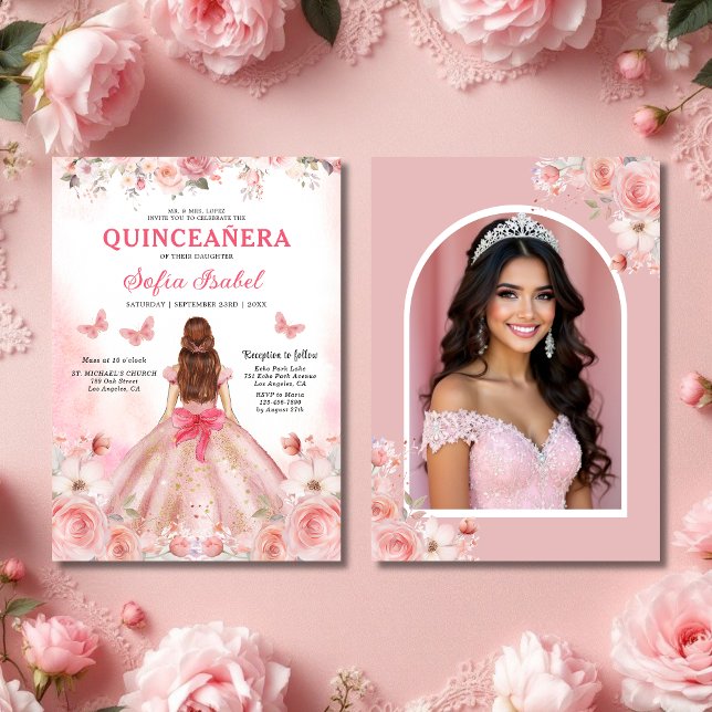 Convite Quinceañera Foto Blush Rosa Rosa Rosa Rosa Floral (Criador carregado)