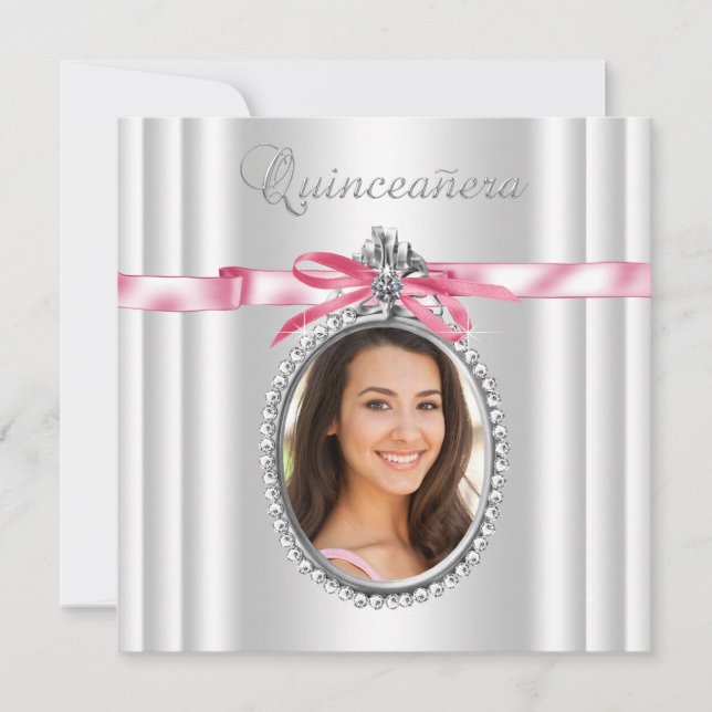 Convite Quinceanera, Foto Branca Rosa (Frente)