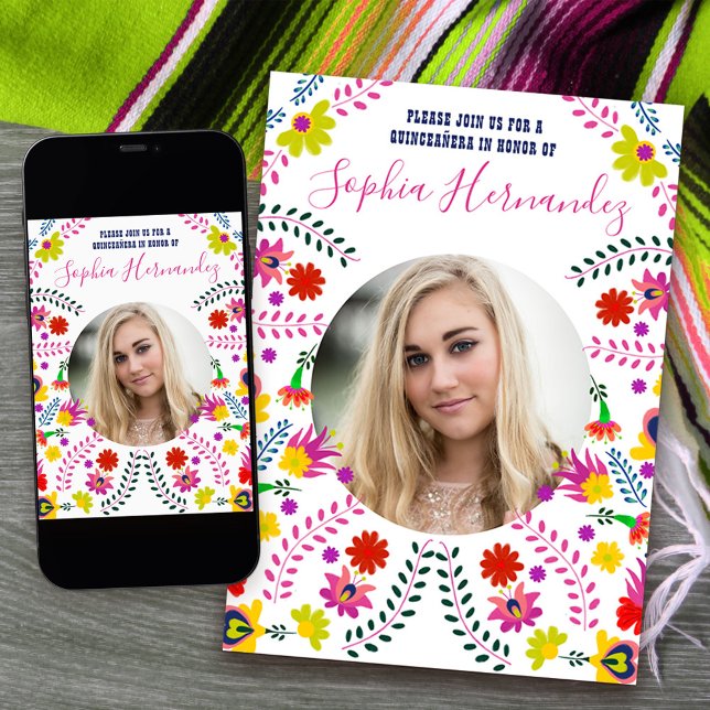 Convite Quinceanera Foto do Partido Fiesta Mexicano White (Quinceanera Invitation with photo from my Mexican Fiesta Party collection)