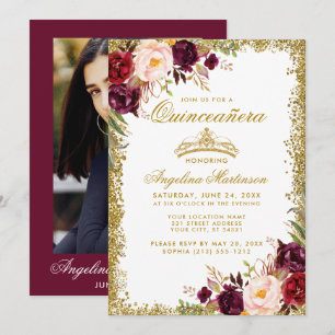 Convite Quinceanera Foto Dourada Burgundy Coroa Floral