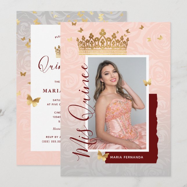 Convite Quinceanera, Foto Elegante Dourada, Rosa Floral Mo (Frente/Verso)
