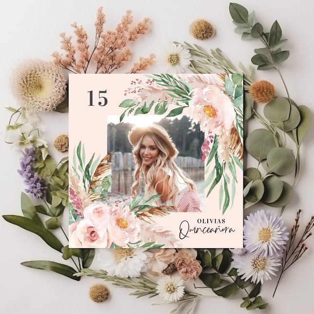 Convite Quinceañera, foto floral cor-de-rosa, pampas elega (Criador carregado)