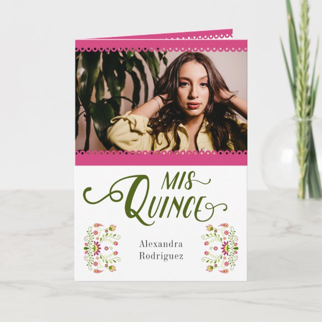 Convite Quinceanera Foto Floral Mexicana Tradicional Rosa (Frente)