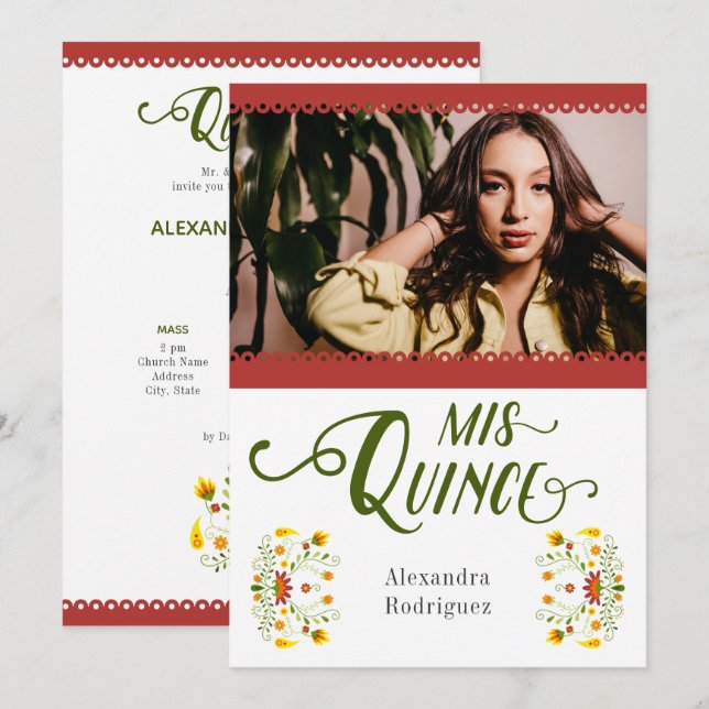 Convite Quinceanera Foto Floral Mexicana Vermelha Tradicio (Frente/Verso)