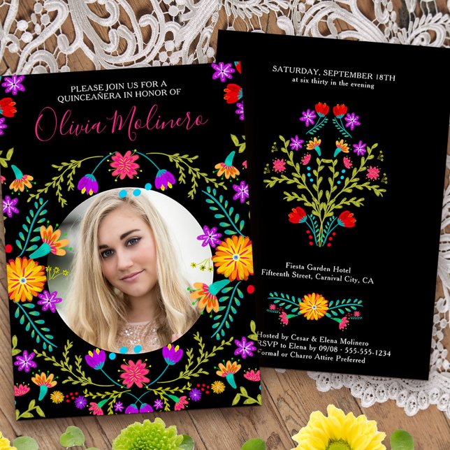 Convite Quinceanera Foto Mexicana Fiesta Floral Black (Quinceanera invitation with photo from my Mexican Fiesta Floral collection
)