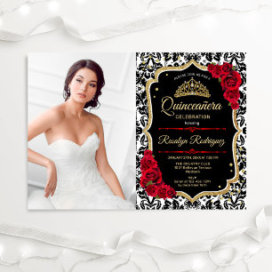 Convite Quinceanera, Foto Preta Dourada Vermelha