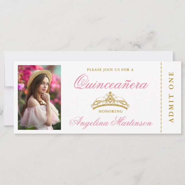 Convite Quinceanera Foto Rosa Elegante e Bilhete Dourado (Frente)