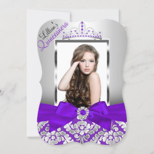 Convite Quinceanera Foto Roxo Prata Damask & Tiara