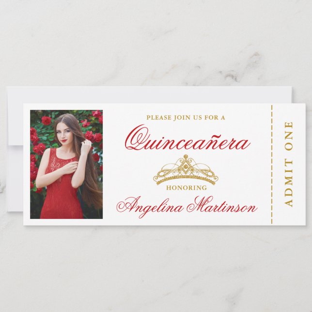 Convite Quinceanera Foto Vermelho e Bilhete Dourado (Frente)