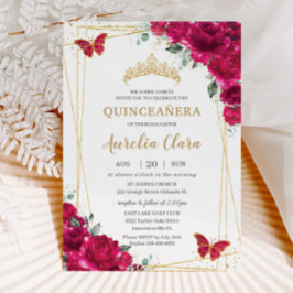 Convite Quinceañera Fuchsia Borboletas Florais Rosa Tiara