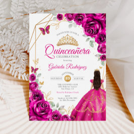 Convite Quinceanera Fuchsia Dourada Rosa