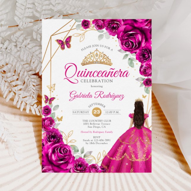 Convite Quinceanera Fuchsia Dourada Rosa (Criador carregado)