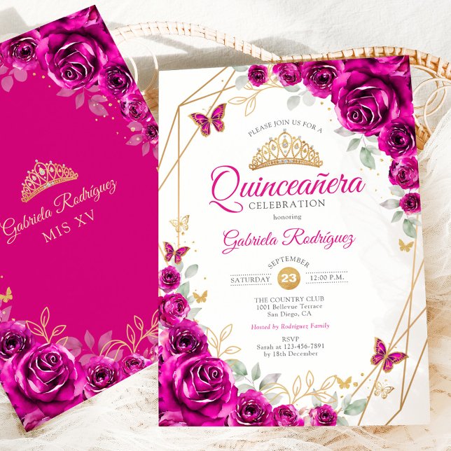 Convite Quinceanera Fuchsia Dourada rosa (Criador carregado)