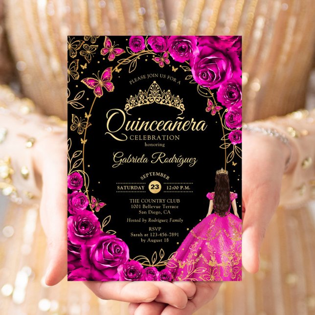 Convite Quinceanera Fuchsia Dourada rosa (Criador carregado)